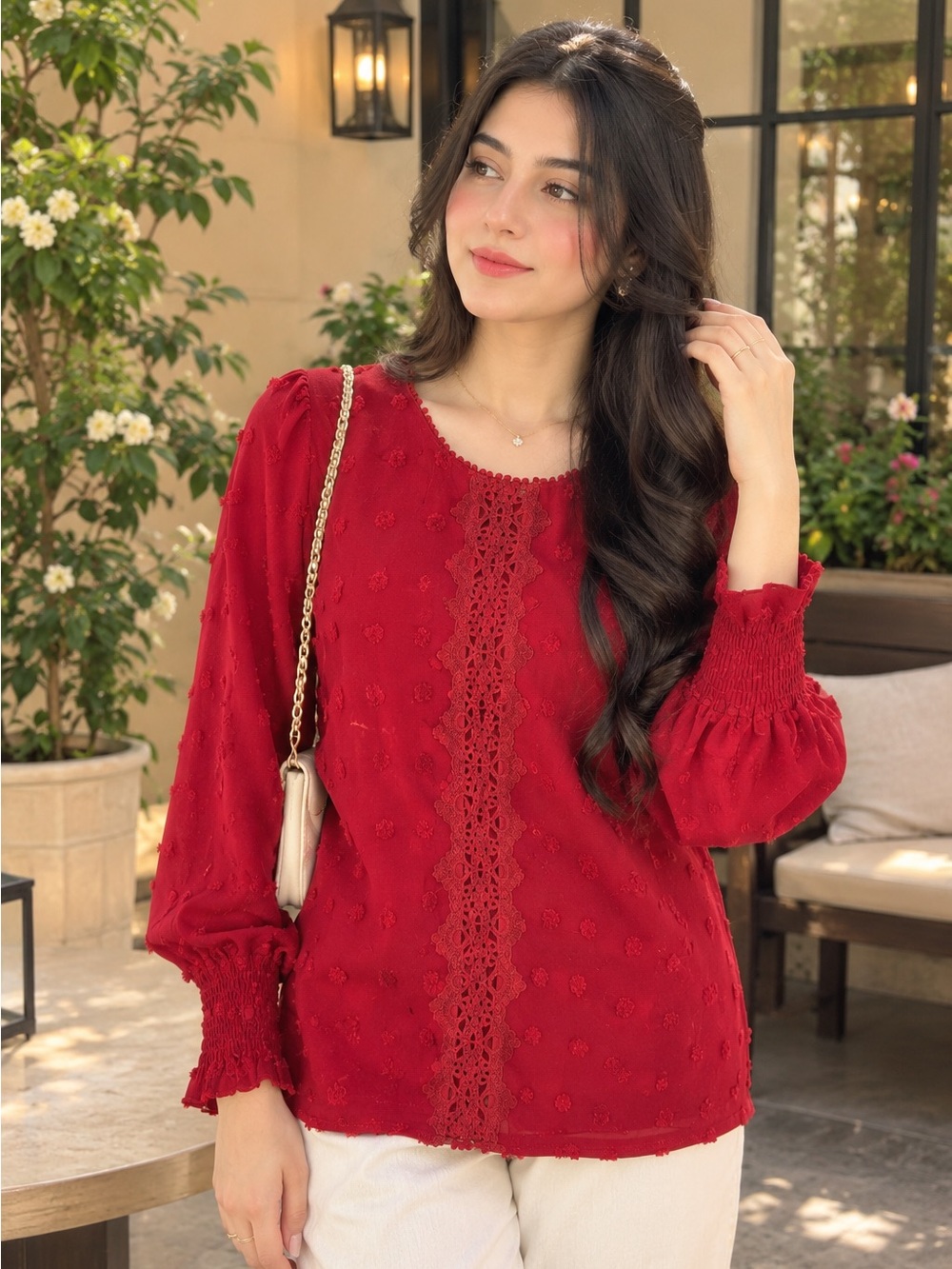 Women’s Red Lace-Trim Long Sleeve Top